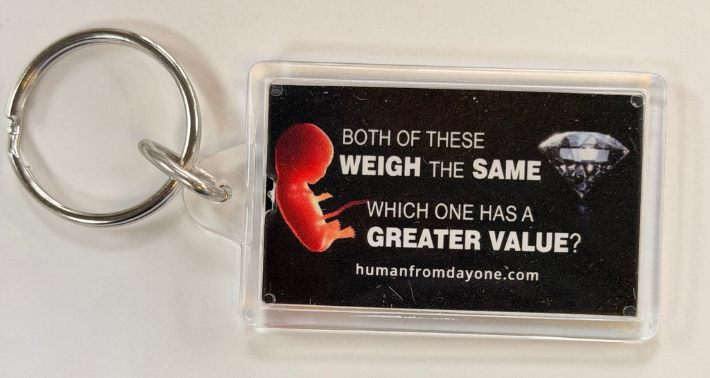 Keychain with a card displaying a question about value on a textured surface
