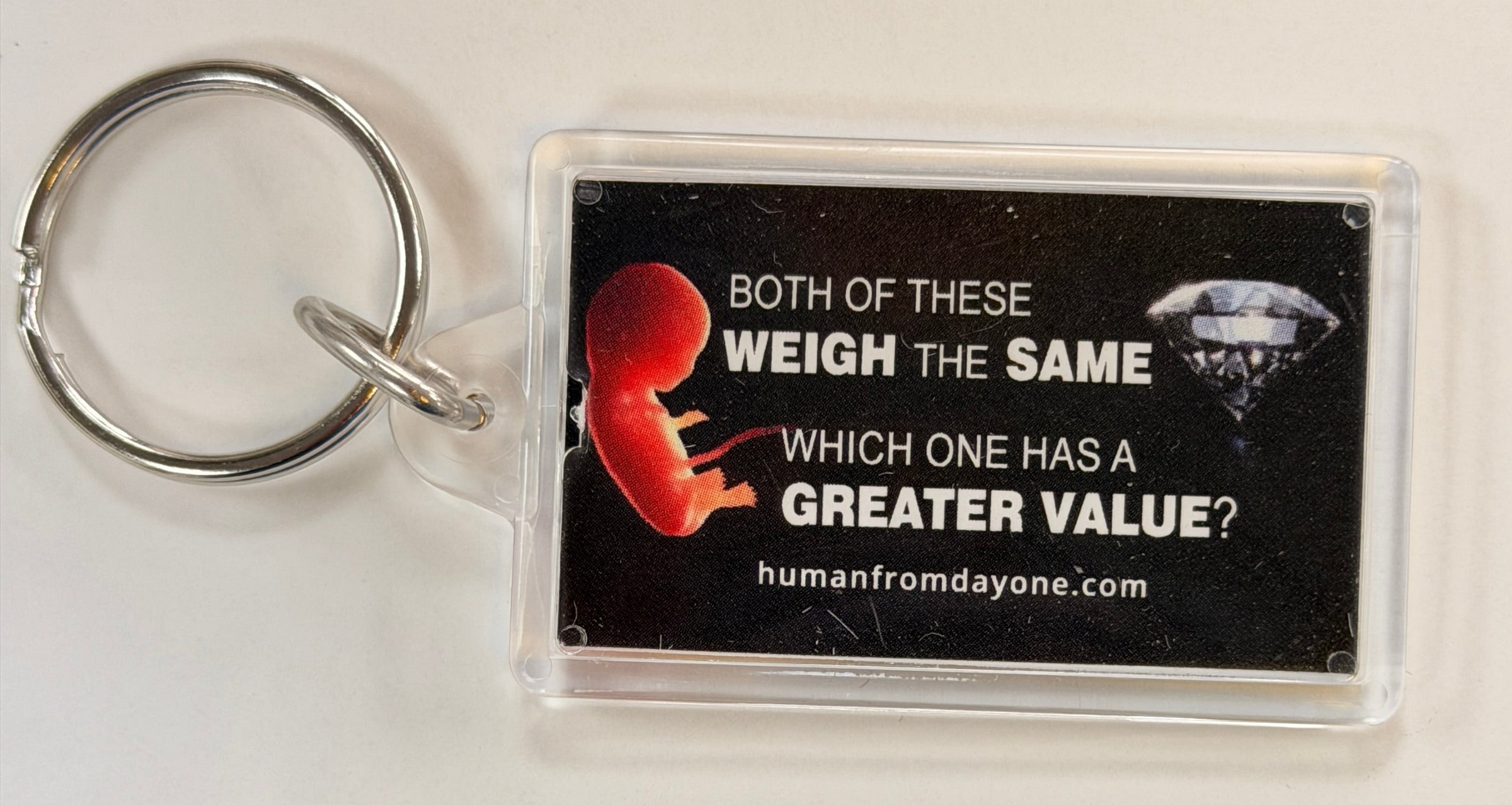 Keychain with a card displaying a question about value on a textured surface
