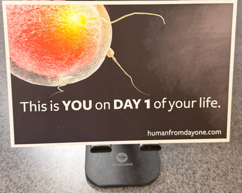 Person holding a poster with a fetus image and text on a metallic surface