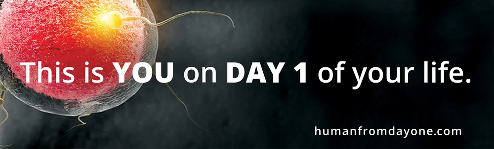 Sperm cell with text 'This is YOU on DAY 1 of your life' and website 'humanfromdayone.com' on a dark background.